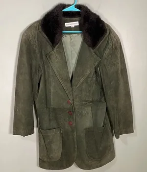 Vintage John Murrough Suede Coat Green Fur Collar Women's M 80s 90s‎ retro thumbnail 1