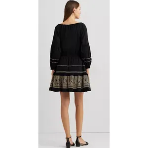 Polo Ralph Lauren Embroidered Peasant Midi Dress Black Size 2 Cotton Voile thumbnail 2