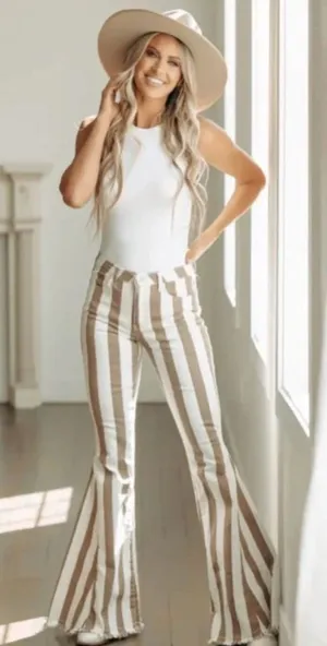 Wysteria Lane Brown & White Striped High-rise, flare jeans with a raw/frayed hem thumbnail 1