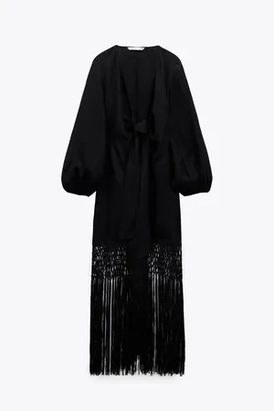 Zara dress midi black linen fringed fringes boho thumbnail 11