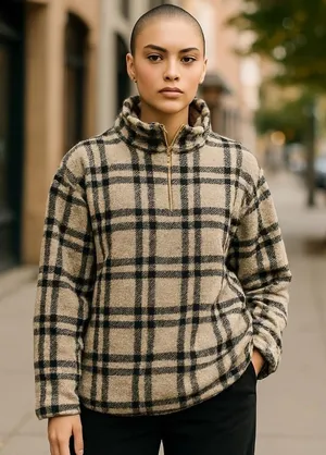 Koolaburra‎ by UGG Plaid Fleece Pullover Quarter Zip Jacket Women's Medium Tan thumbnail 1