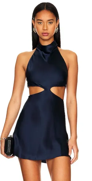NEW NWT Amanda Uprichard X Revolve Kaye Cutout 100% Silk Mini Dress In Ink Navy thumbnail 1