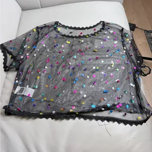 SheIn Black Mesh Boxy Sequin Top Sheer Evening Size 0XL thumbnail 2