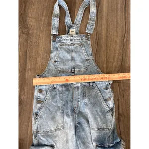 Vintage y2k Aerie Denim Cargo Overalls Light Wash Wide Leg Utility Dungarees S thumbnail 2