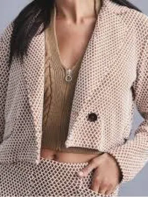 Maeve Anthropologie Blazer Womens Small Brown Geometric Knit Cropped thumbnail 2