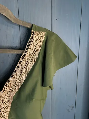 “B” Olive Green One-Piece Swimsuit w/ Crochet V-Neck & Flutter Sleeves | M (New) thumbnail 6