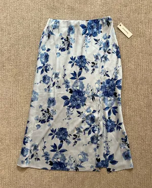 Francesca's Blue Floral Satin Midi Skirt thumbnail 1
