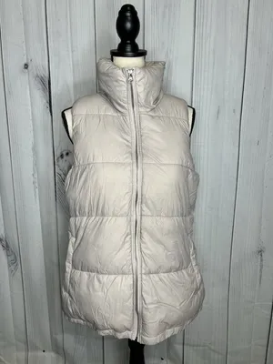 Old Navy Women’s Sz L Taupe Brown Puffer Vest Full Zip Snap Pockets Fleece Lined thumbnail 1