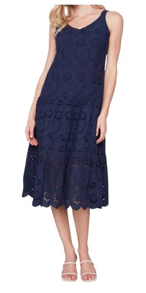 Charlie B XS Navy Blue Cotton Eyelet Tiered‎ Midi Dress Sleeveless 100% Cotton thumbnail 1