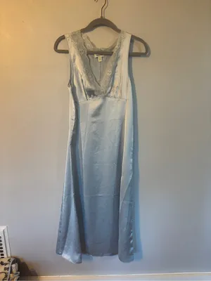 Open Edit Lace Trim Satin Slip Dress in Light Blue thumbnail 2
