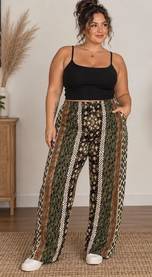 Vintage Mixed Print Wide Leg Pants Olive Green Boho Rayon Large thumbnail 1