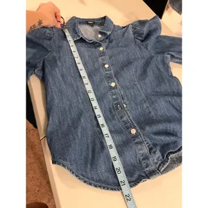 Express Blue Cotton Denim Puffed Long Sleeve Button Front Blouse Size XS thumbnail 8