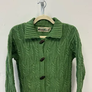 Vintage Aran Crafts Merino Wool Cable‎ Knit Button Cardigan Sweater Green XS thumbnail 4