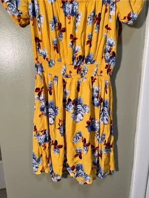 Womens Off Shoulder Mini Dress Yellow Burgundy Blue Floral Smocked Elastic Waist thumbnail 8