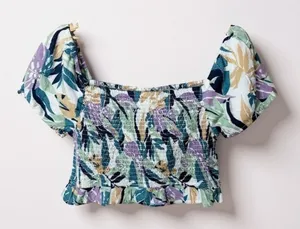 Roxy‎ Women's Smocked Puff Sleeve Crop Top Tropical Print Size Large thumbnail 1