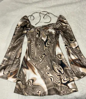 Princess Polly NWT Cream & Brown Flare Long Sleeve Corban Mini Dress thumbnail 9