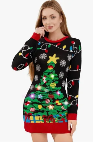 NEW Ugly Christmas Tree Sweater Dress Light Up LED M thumbnail 1