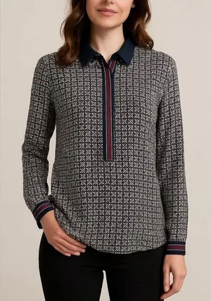 LOFT half button Hanley top tunic blouse shirt Geometric print burgundy Sz M thumbnail 1