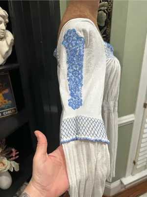 Free People Valley Peasant‑Style Top – Cream with Blue Embroidery – Size Medium thumbnail 5
