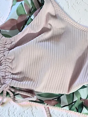 CUPSHE Reversible Ribbed Bikini Set Size S Peach & Leaf Print thumbnail 9