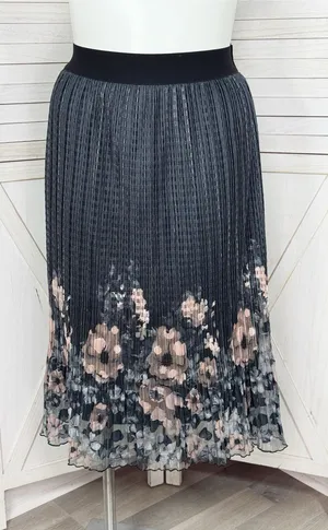 Metrowear Pleated Floral Boarder Sheer Midi‎ Skirt Steel Blue Peach Large thumbnail 1
