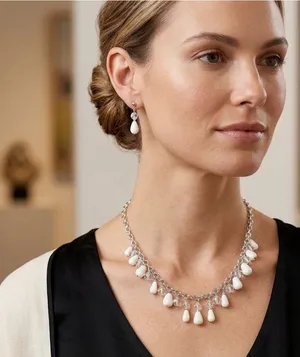 New Silver Tone White Teardrop Necklace and Earrings‎ Jewelry Set 19.5" Jewellry thumbnail 1