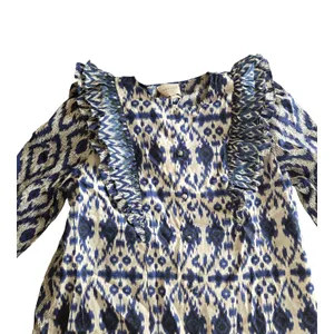 Sezane Boby Ruffle Blouse in Ikat Blue Size: 36 NEW thumbnail 4