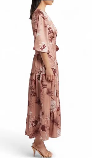 Ciebon Pink Brown Floral Satin Wrap Maxi Dress thumbnail 2