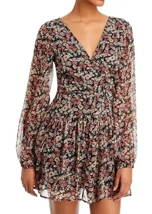 Bardot Cut Out Frill Dress Floral‎ Long Sleeve Back Tie Mini XS Cottage Prairie thumbnail 1