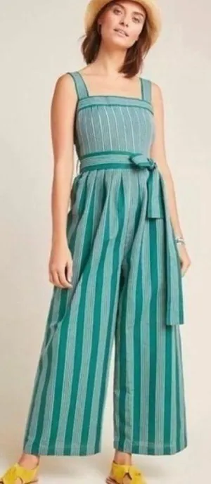 Anthropologie Pleated Green Stripe Linen Jumpsuit Payal Pratap Wide Leg 4 thumbnail 1