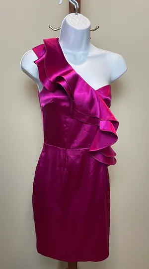 Hailey Logan by Adrianna Papell Satin One Shoulder Ruffle Dress Size M Pink thumbnail 1
