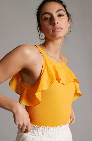 Anthropologie Maeve Orange Ruffled Rib Halter Tank Top Large thumbnail 1