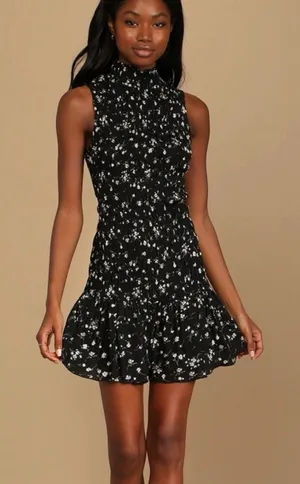 Lulus Sleeveless Black Floral Smocked Mini Dress thumbnail 1