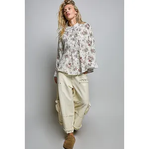 POL Floral Lace Trim Pintuck Button-Down Shirt - Ivory - Large thumbnail 5