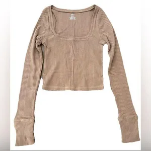 NWT Aerie Ribbed Crop Top Women's XS Neutral Taupe Long Sleeve Square Neckline thumbnail 1
