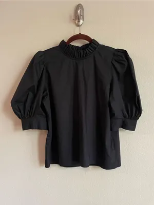 Hunter Bell Stella Top Black Puff Sleeves Ruffle Neck Poplin Blouse Size M thumbnail 3
