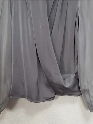Miss Sparkling Silver Gray Satin Surplice Wrap Blouse Draped Long Sleeve Top thumbnail 3