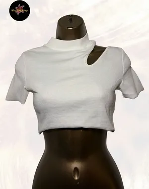 SOLADO White Ribbed Cutout Mock Neck Crop Top Size M thumbnail 1