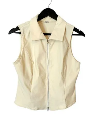 NWOT Cider Woven Collar Solid Zipper Tank Top Beige | TAGS CUT OUT SEE NOTES thumbnail 2