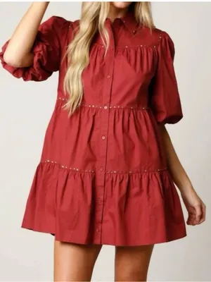 Tiered Puff-Sleeve Mini Dress in Burgundy size S thumbnail 2
