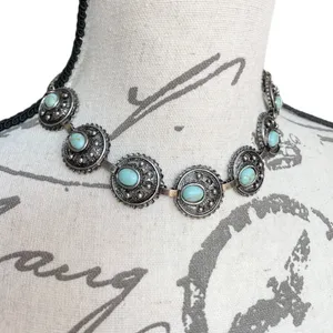 Retro Silver Tone and Faux Turquoise Choker Necklace Concho thumbnail 1