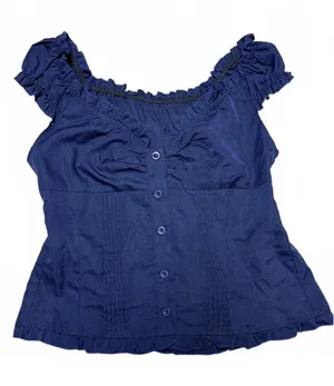 Vintage Navy Blue Ruffle Trim Milkmaid Blouse Fairycore Boho Peasant Top Small thumbnail 1