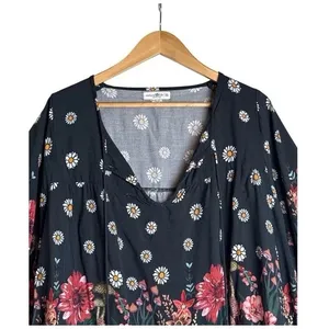 Natural Life Top Womens XL Maribel Mushroom Print Hippie Boho Black Floral Tunic thumbnail 3