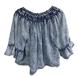 Free People Top Acid Wash Ruffle Bell Sleeve Boho Women's Med Blue Boho Cotton thumbnail 3