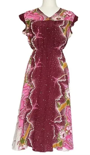 Vintage Floral Midi Dress in Purple and White Size S thumbnail 1