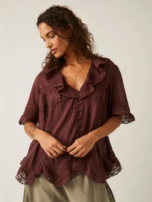 Free People Women’s Isn’t She Lovely Tunic Top Sheer Boho in Chocolate Lava M thumbnail 1
