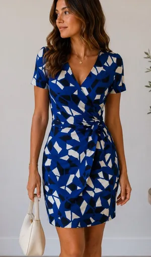Diane Von Furstenberg Blue Mini Wrap Dress Womens 4 Cotton Silk Geometric Print thumbnail 1