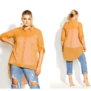 City Chic Tunic Womens 18 Gold High-Low Sheer Roll-Tab‎ Sleeve Boho Minimalist thumbnail 2