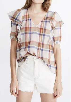 EUC Womens Madewell V‎ Neck Shoulder Ruffle Top In Plaid Short Sleeve Size L thumbnail 1