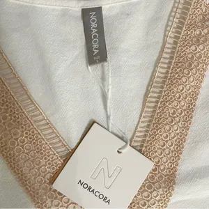 Noracora Women Size S Cotton Shift Dress Mid Sleeve Cream Embroidered Lace Neck thumbnail 7